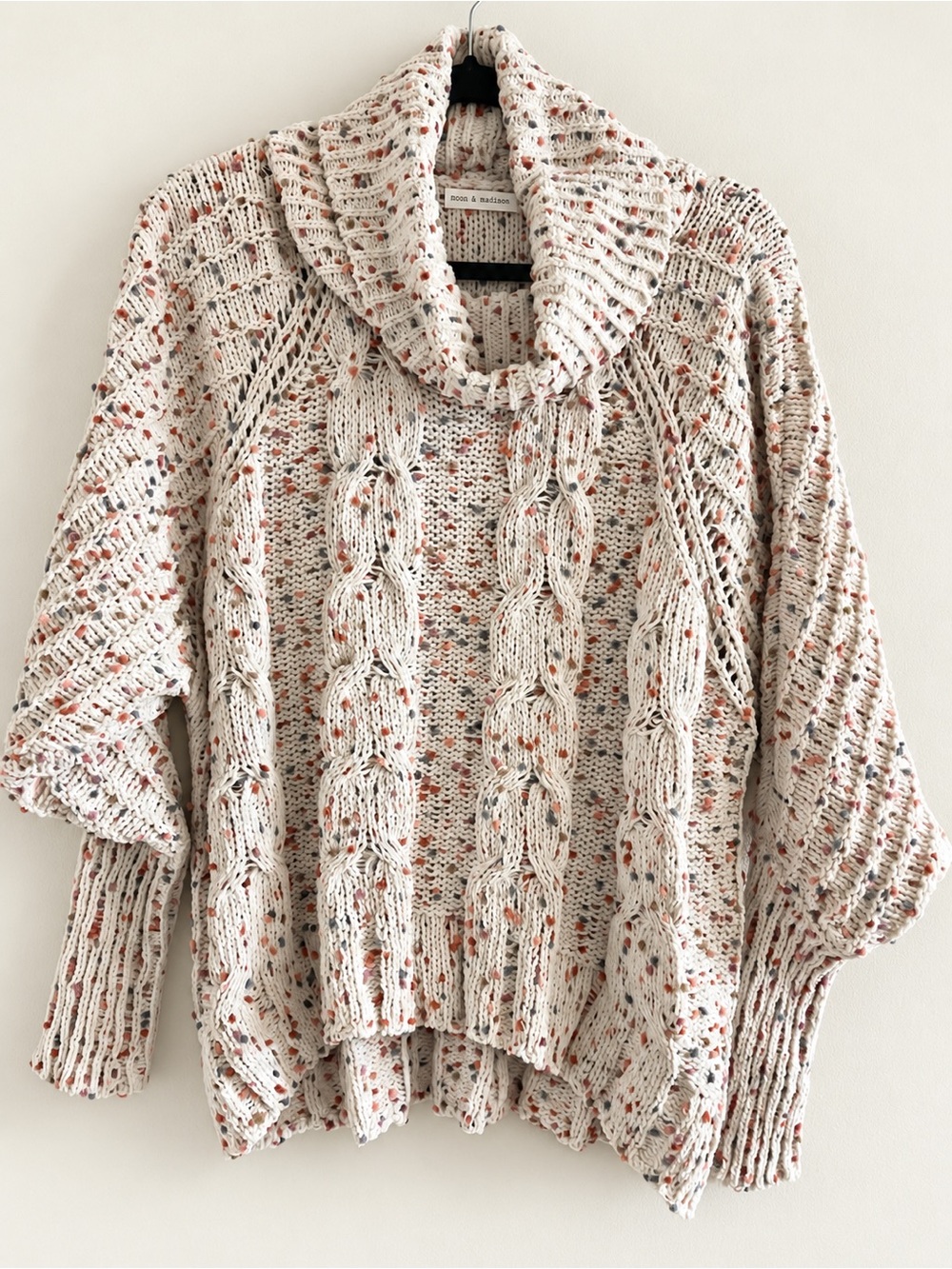 moon & madison Cream Speckled Cable Knit Shawl Collar Sweater